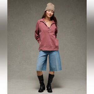 American Eagle Outfitters Rose-Pink Henley Sweatshirt